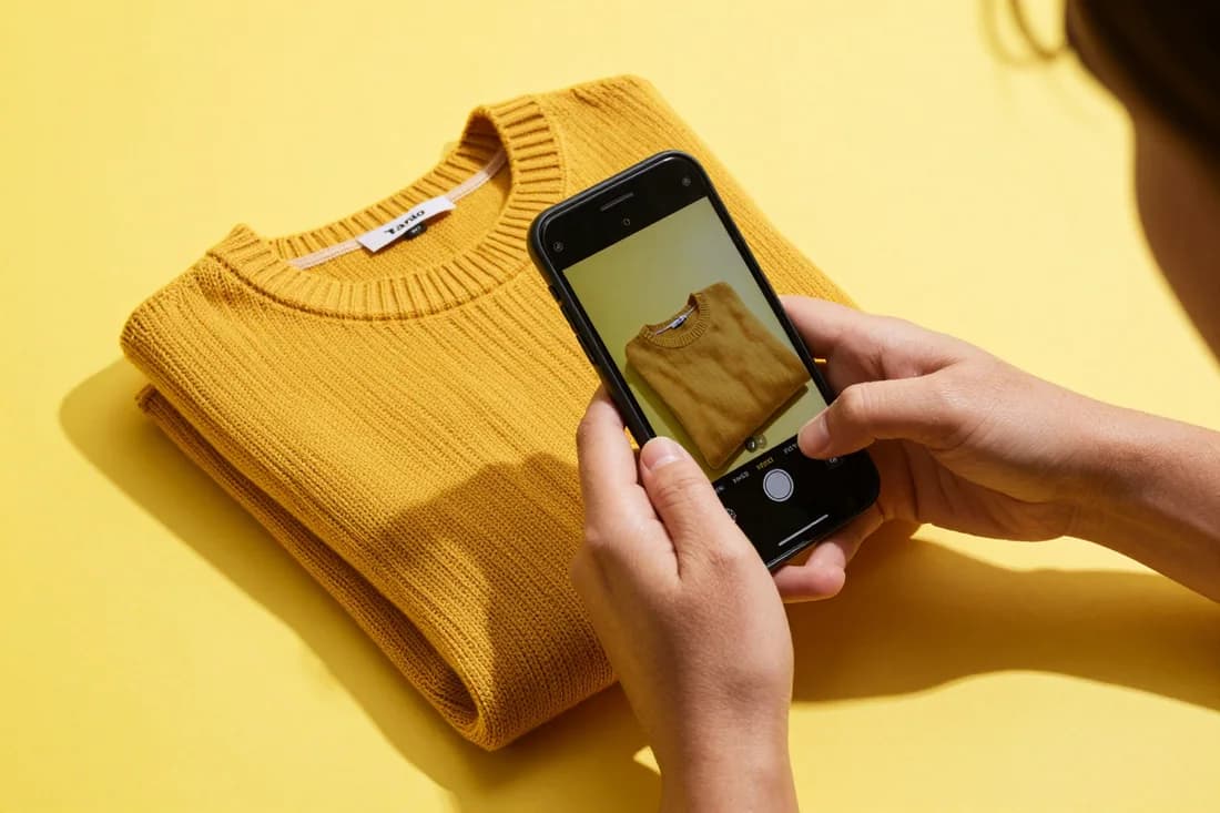 Manos fotografiando con el celular un suéter doblado para publicarlo